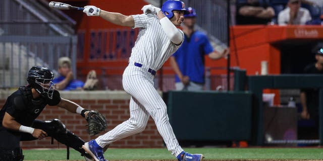 Jac Caglianone #14 of the Florida Gators hits during a game against the Bethune-Cookman Wildcats at Condron Family Ballpark on April 04, 2023 in Gainesville, Florida.