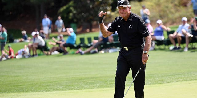 Gary Player reacts to a putt during the Par 3 Contest prior to the 2023 Masters Tournament at Augusta National Golf Club in Augusta, Ga., on Wednesday.