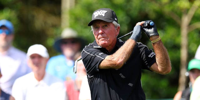 Gary Player plays a shot from the fifth tee during the Par 3 Contest prior to the 2023 Masters Tournament at Augusta National Golf Club in Augusta, Ga., on Wednesday.