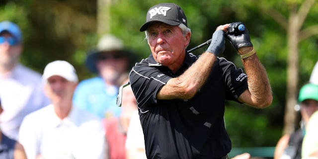 Gary Player plays a shot from the fifth tee during the Par 3 Contest prior to the 2023 Masters Tournament at Augusta National Golf Club in Augusta, Ga., on Wednesday.