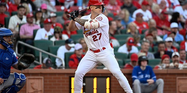 Cardinals' Tyler O'Neill at bat against the Toronto Blue Jays on Opening Day at Busch Stadium on March 30, 2023, in St Louis.