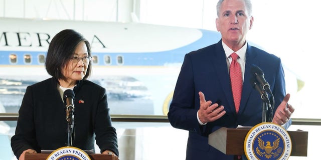 Taiwanese President Tsai Ing-wen looks on as Speaker of the House Kevin McCarthy, R-Calif., speaks in the Air Force One Pavilion at the Ronald Reagan Presidential Library after making statements to the press April 5, 2023, in Simi Valley, Calif.