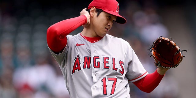 Shohei Ohtani of the Los Angeles Angels reacts during the first inning against the Seattle Mariners at T-Mobile Park April 5, 2023, in Seattle.