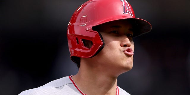 Shohei Ohtani of the Los Angeles Angels reacts during the sixth inning against the Seattle Mariners at T-Mobile Park April 5, 2023, in Seattle.