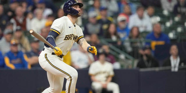 Garrett Mitchell of the Brewers hits a walk-off solo home run against the New York Mets in the ninth inning at American Family Field on April 5, 2023, in Milwaukee, Wisconsin.