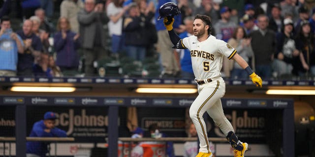 Brewers' Garrett Mitchell celebrates after hitting a walk-off solo home run against the New York Mets on April 5, 2023, in Milwaukee, Wisconsin.