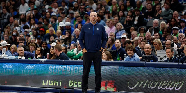 Jason Kidd head coach of the Dallas Mavericks on the sidelines during the game against the Chicago Bulls at American Airlines Center on April 7, 2023, in Dallas, Texas.  