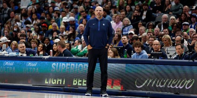 Jason Kidd head coach of the Dallas Mavericks on the sidelines during the game against the Chicago Bulls at American Airlines Center on April 7, 2023, in Dallas, Texas.