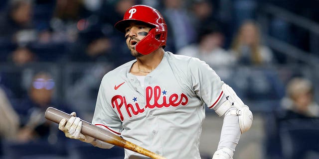 Nick Castellanos of the Philadelphia Phillies at bat against New York at Yankee Stadium on April 3, 2023, in the Bronx.