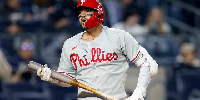 Nick Castellanos of the Philadelphia Phillies at bat against New York at Yankee Stadium on April 3, 2023, in the Bronx.