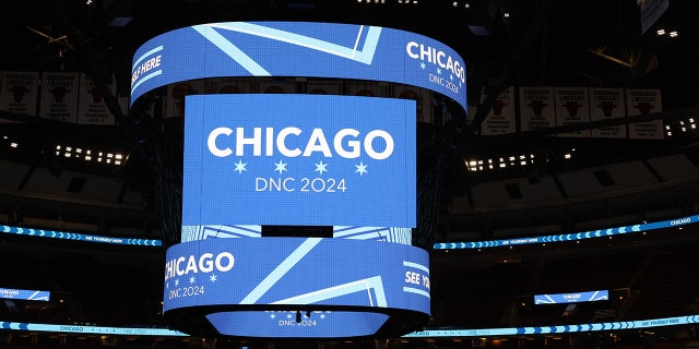 Branding for the Democratic National Convention is displayed on the scoreboard at the United Center on April 11, 2023, in Chicago. Georgia Democrats reportedly felt slighted the DNC did not choose Atlanta.