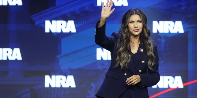 South Dakota Governor Kristi Noem speaks to guests at the 2023 NRA-ILA Leadership Forum on April 13, 2023, in Indianapolis, Indiana.