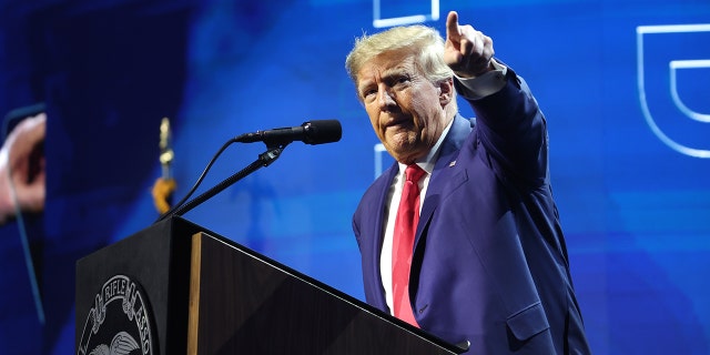 Former President Donald Trump speaks to guests at the 2023 NRA-ILA Leadership Forum on April 14, 2023, in Indianapolis, Indiana. 