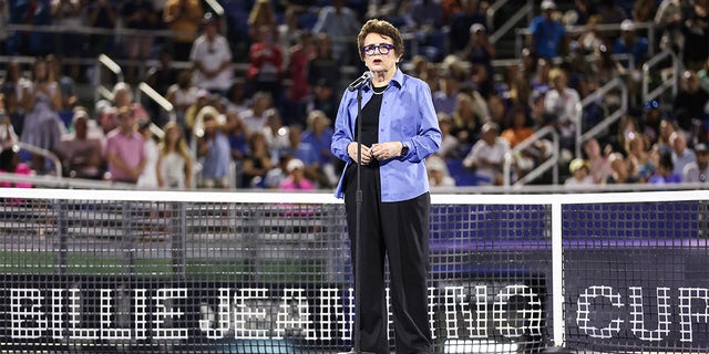 Tennis legend Billie Jean King speaks before the Billie Jean King Cup Qualifier match between the United States and Austria at Delray Beach Tennis Center on April 14, 2023, in Delray Beach, Florida. 