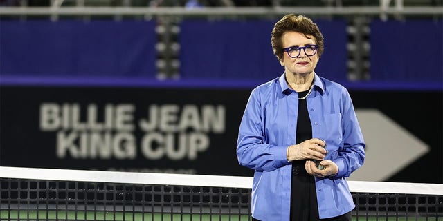 Tennis legend Billie Jean King looks on before the Billie Jean King Cup qualifying match between the United States and Austria at the Delray Beach Tennis Center on April 14, 2023, in Delray Beach, Florida. 