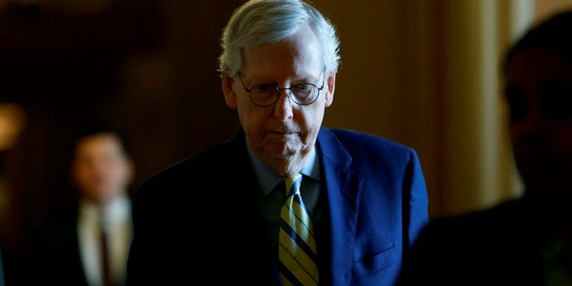 Senate Minority Leader Mitch McConnell walks to the Senate chambers at the U.S. Capitol on April 17, 2023. (Anna Moneymaker/Getty Images)