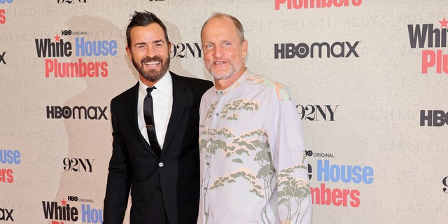 Justin Theroux, left, and Woody Harrelson attend HBO's "White House Plumbers" New York Premiere.