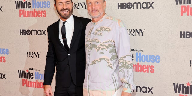 Justin Theroux, left, and Woody Harrelson attend HBO's "White House Plumbers" New York Premiere.