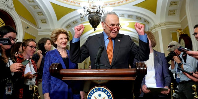 WASHINGTON, DC - APRIL 18: Senate Majority Leader Chuck Schumer (D-NY) arrives to a news conference following the Senate Democrat weekly policy luncheons at the U.S. Capitol Building on April 18, 2023 in Washington, DC. (Photo by Anna Moneymaker/Getty Images)