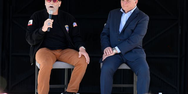 Former Governor of California Arnold Schwarzenegger, and Terry Tamminen, President/CEO of AltaSea speak at the celebration of the 4-acre solar rooftop on the AltaSea warehouse at the Port of Los Angeles in San Pedro