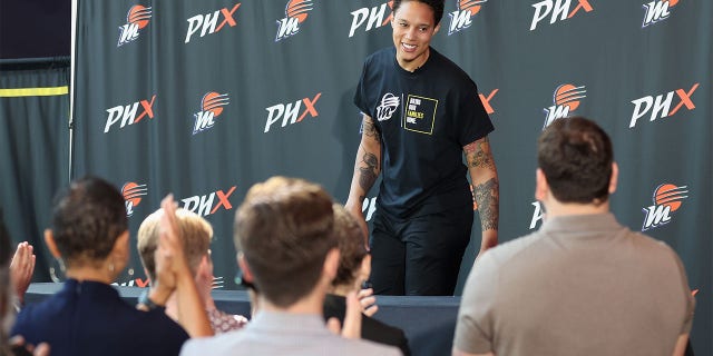 Brittney Griner arrives to speak to the media