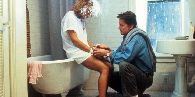 Michael Douglas and Glenn Close in bathroom scene