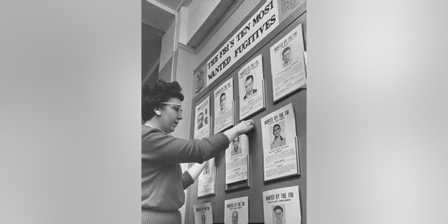 Receptionist Betty Porco keeps 10 Most Wanted pictures straight in Denver FBI office.