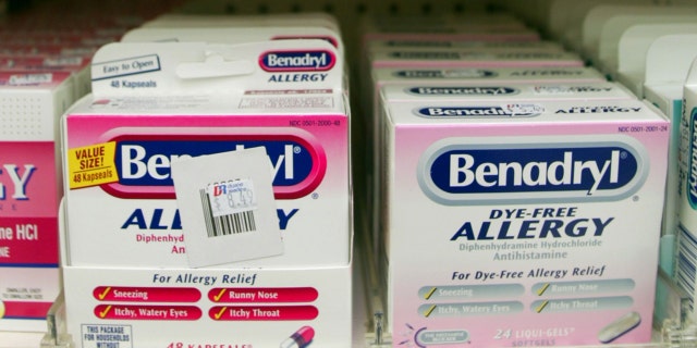 Benadryl tablet packs on a store shelf