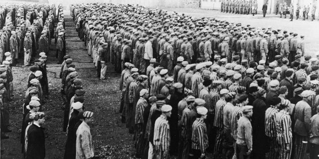 High-angle view of Polish prisoners in striped uniforms standing in rows before Nazi officers at the Buchenwald Concentration Camp, Weimar, Germany, World War II, circa 1943.Â