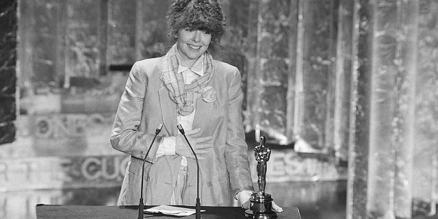 Diane Keaton makes her acceptance speech after she won the Oscar for Best Performance by an Actress in a Leading Role at the 50th Annual Academy Awards presentation in Los Angeles on April 3, 1978.