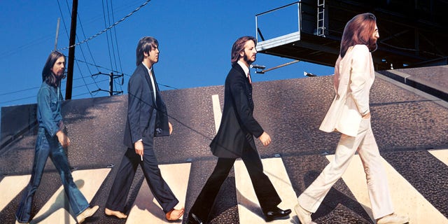Beatles "Abbey Road" billboard on Sunset Strip in Los Angeles. The Beatles released the album in late 1969, after they broke up but before it became public. 