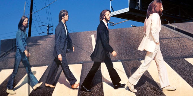 Beatles "Abbey Road" billboard on Sunset Strip in Los Angeles. The Beatles released the album in late 1969, after they broke up but before it became public. 