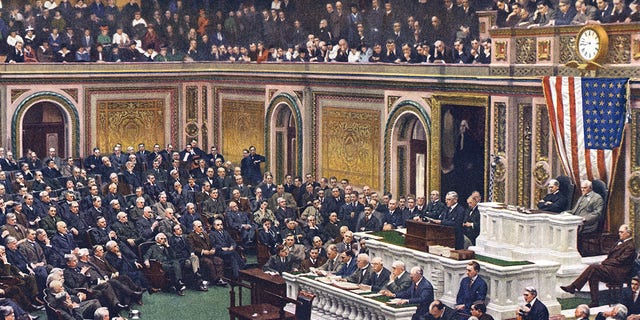 President Woodrow Wilson addresses Congress to declare war on Germany in World War I 1917. 