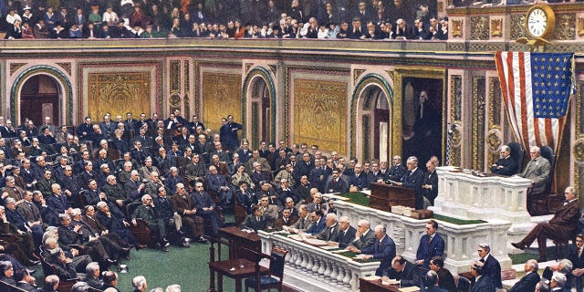 President Woodrow Wilson addresses Congress to declare war on Germany in World War I 1917.
