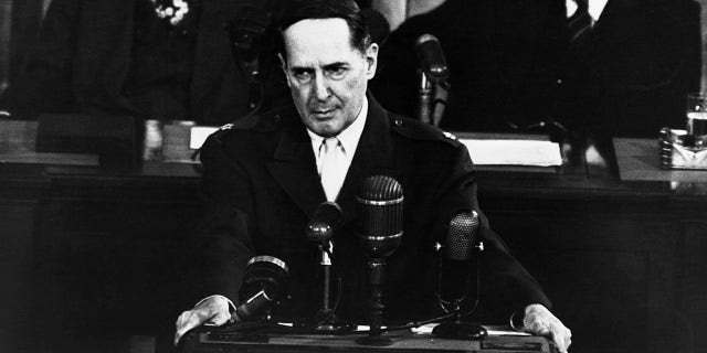 General Douglas MacArthur, former commander of Allied forces — first in World War II and then in Korea — seen here delivering his farewell address to a joint session of Congress.