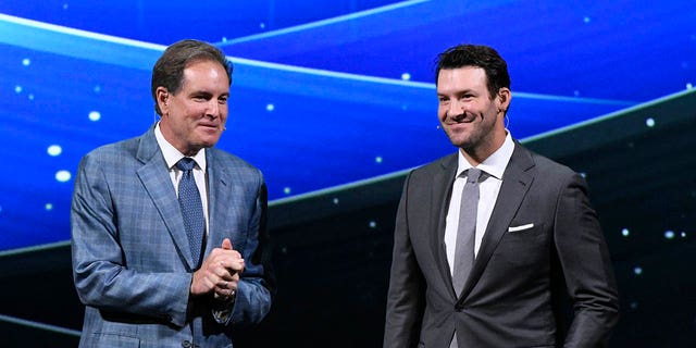 File - CBS announces their new fall schedule with Jim Nantz and Tony Romo.