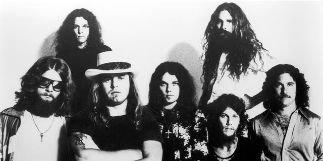 Lynyrd Skynyrd's line-up, left to right, Leon Wilkeson, Allen Collins, Gary Rossington, Artimus Pyle {top}, Steve Gaines and Billy Powell in 1976.