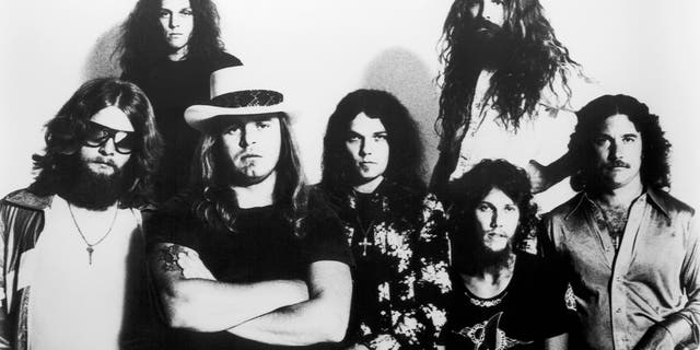 Lynyrd Skynyrd's line-up, left to right, Leon Wilkeson, Allen Collins, Gary Rossington, Artimus Pyle {top}, Steve Gaines and Billy Powell in 1976.