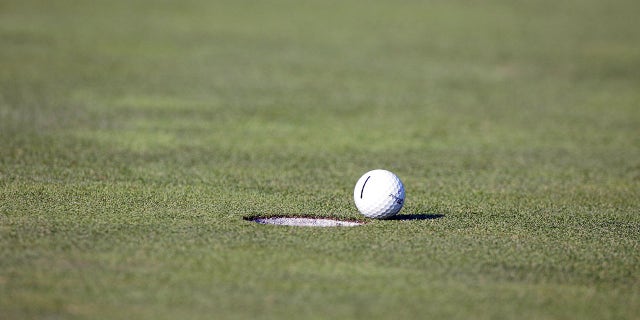 A golf ball falls short of the hole