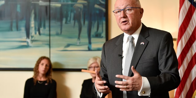Former U.S. Ambassador to The Netherlands Peter Hoekstra speaks during a press conference at the U.S. embassy in The Hague on Jan. 10, 2018.