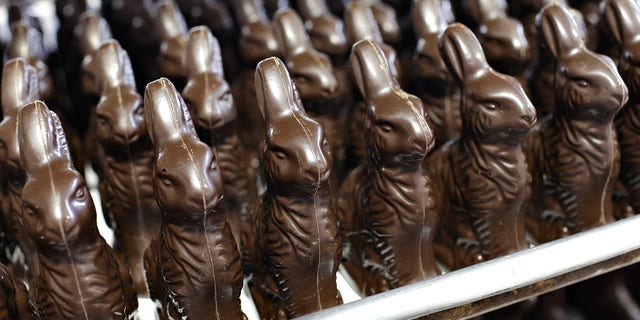 Trays of chocolate rabbits sit in the factory area at Jacques Torres Chocolate in New York, on April 7, 2009.  