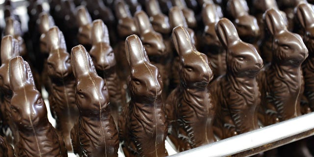 Trays of chocolate rabbits sit in the factory area at Jacques Torres Chocolate in New York, on April 7, 2009.