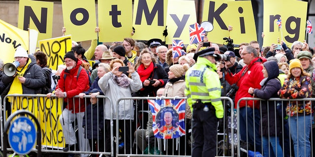 Anti-monarchy protesters gather ahead of the arrival of King Charles III and his wife, Camilla, at the Royal Maundy Service at York Minster on April 6, 2023, in York, England.