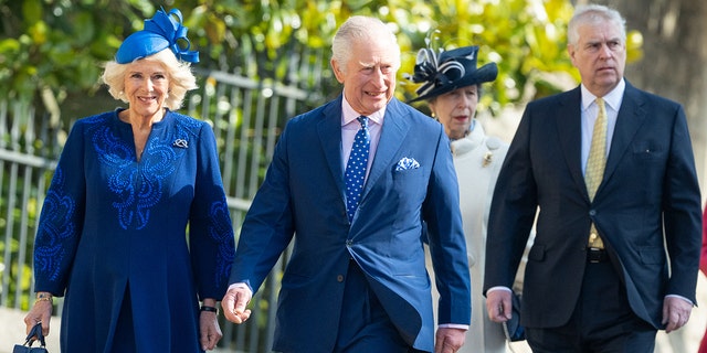 Camilla, queen consort; King Charles III; and Prince Andrew, Duke of York, attending Easter Service at Windsor Castle April 9, 2023, in Windsor, England. 