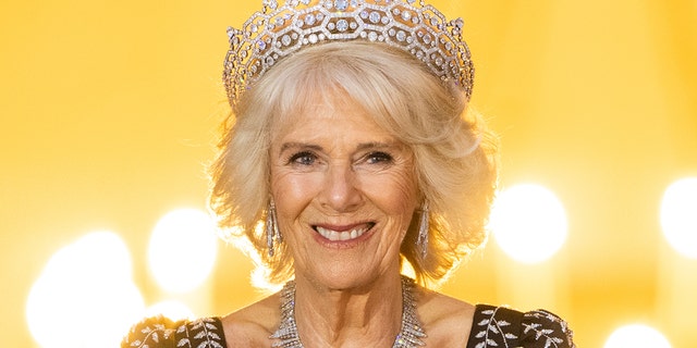 A close-up of Camilla in a tiara