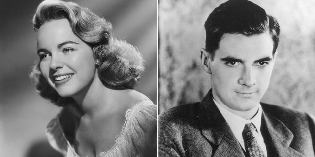 A black and white split image of Terry Moore and Howard Hughes