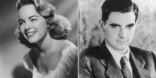 A black and white split image of Terry Moore and Howard Hughes