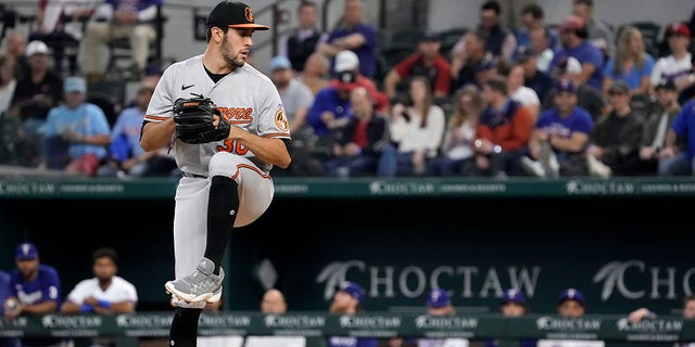 Grayson Rodriguez #30 of the Baltimore Orioles prepares to throw a pitch during the first inning of his Major League debut against the Texas Rangers at Globe Life Field on April 05, 2023, in Arlington, Texas. 