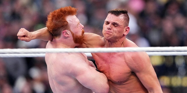 Gunther (navy blue trunks) hits Sheamus during WrestleMania at SoFi Stadium, April 2, 2023, in Inglewood, California.