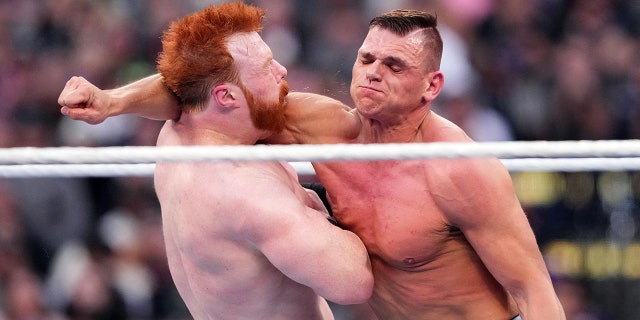 Gunther (navy blue trunks) hits Sheamus during WrestleMania at SoFi Stadium, April 2, 2023, in Inglewood, California.